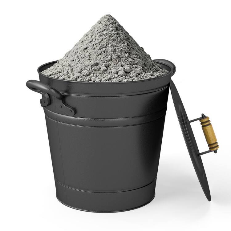 Angle. Mondawe - 2.9 Gallon Metal Coal Ash Can with Wooden Lid and Side Grips for Fireplace Fire Pits - Black.
