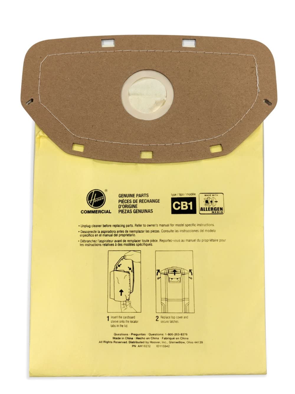 **Genuine Parts**  
**Pièces de Rechange d'Origine**  
**Piezas Genuinas**  

**Type / Modelo**  
CB1  

**Unplug cleaner before replacing parts.**  
**Retire la aspiradora antes de reemplazar las piezas.**  
**Débranchez l'aspirateur avant de remplacer toute pièce.**  
**Refer to owner's manual for model specific instructions.**  
**Consulte las instrucciones del modelo específico en el manual del propietario.**  
**Reportez-vous au manuel du propriétaire pour les instructions relatives à des modèles spécifiques.**  

1. **Insert the cardboard sleeve onto the locator tabs in the lid.**  
2. **Replace top cover and secure latches.**  

**Questions:**  
1-800-263-6376  

**Made in China**  
**Hecho en China**  
**Fabriqué en Chine**  

**All Rights Reserved**  
**Distributed by Hoover, Inc. Glenwillow, Ohio 44139**  

**PN AM1023**  
**0115542**