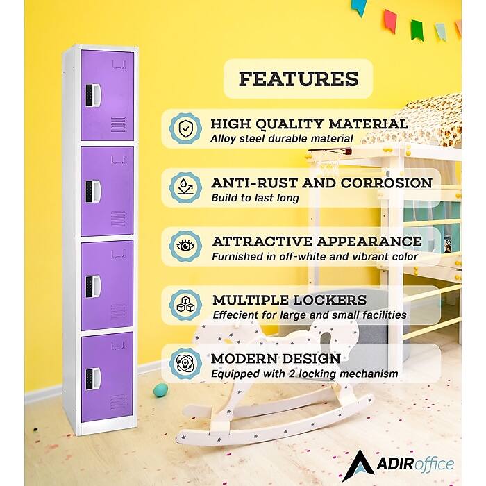 FEATURES

HIGH QUALITY MATERIAL
Alloy steel durable material

ANTI-RUST AND CORROSION
Build to last long

ATTRACTIVE APPEARANCE
Furnished in off-white and vibrant color

MULTIPLE LOCKERS
Efficient for large and small facilities

MODERN DESIGN
Equipped with 2 locking mechanism

ADIRoffice