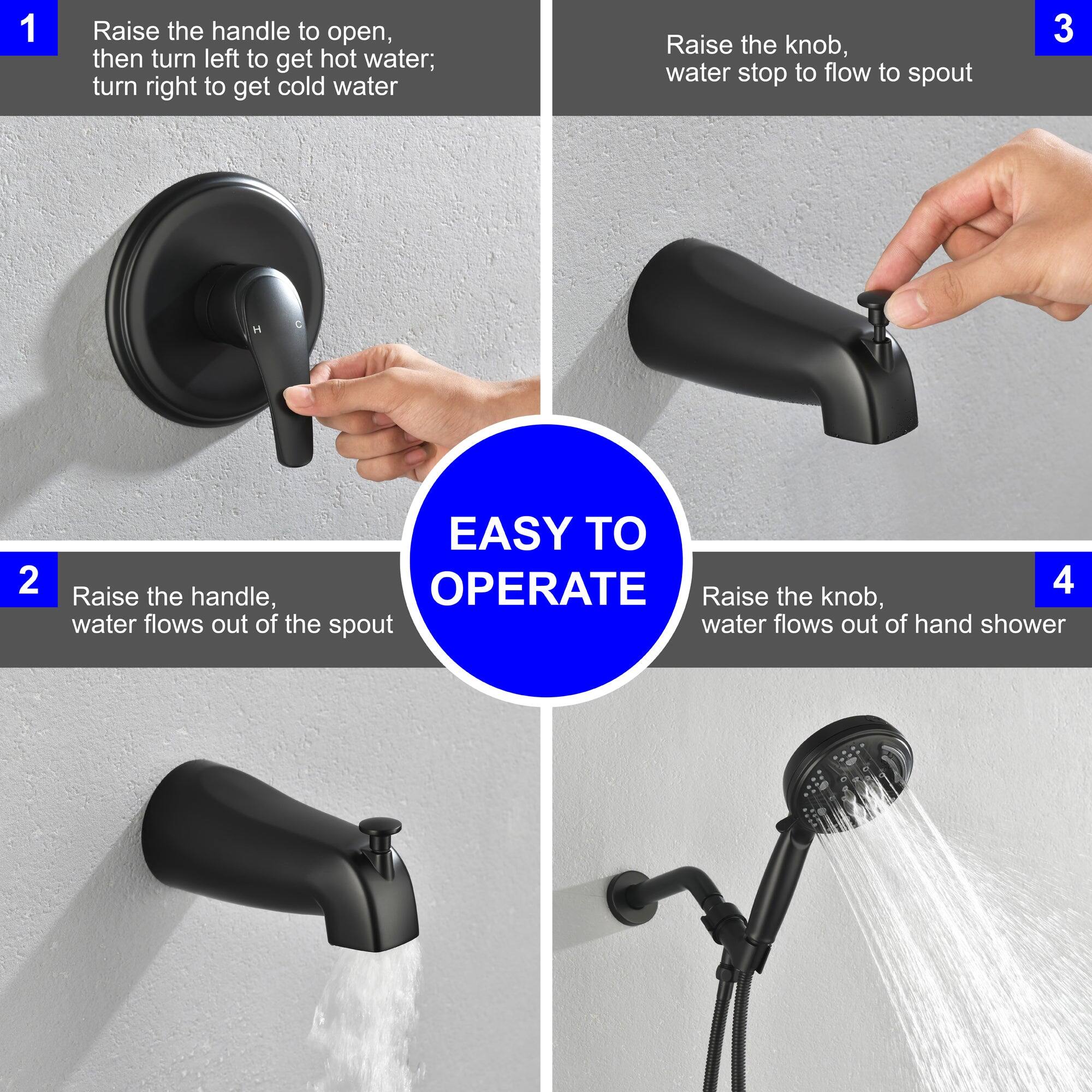 1. Raise the handle to open, then turn left to get hot water; turn right to get cold water.

2. Raise the handle, water flows out of the spout.

3. Raise the knob, water stop to flow to spout.

4. Raise the knob, water flows out of hand shower.