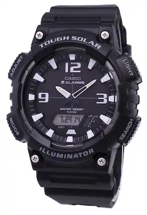 TOUGH SOLAR
CASIO
5 ALARMS
WATER RESIST 100M
ILLUMINATOR
LIGHT
SEARCH
MODE
ADJUST