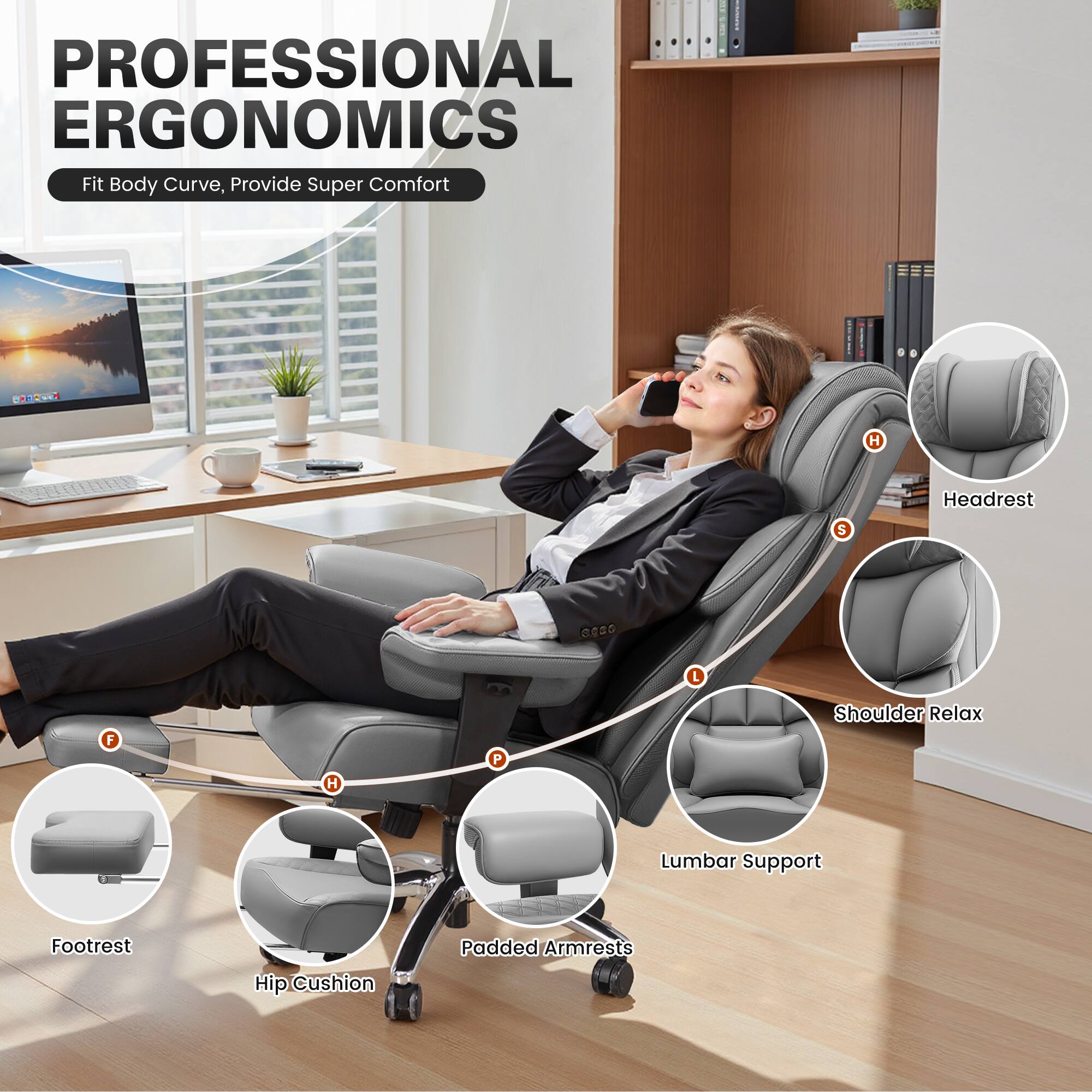 KERDOM - Wide Ergonomic Executive High Back Reclining Computer Chair, 360 Swivel Rolling Wheels and Padded Lumbar Support - Gray - Thumbnail 4