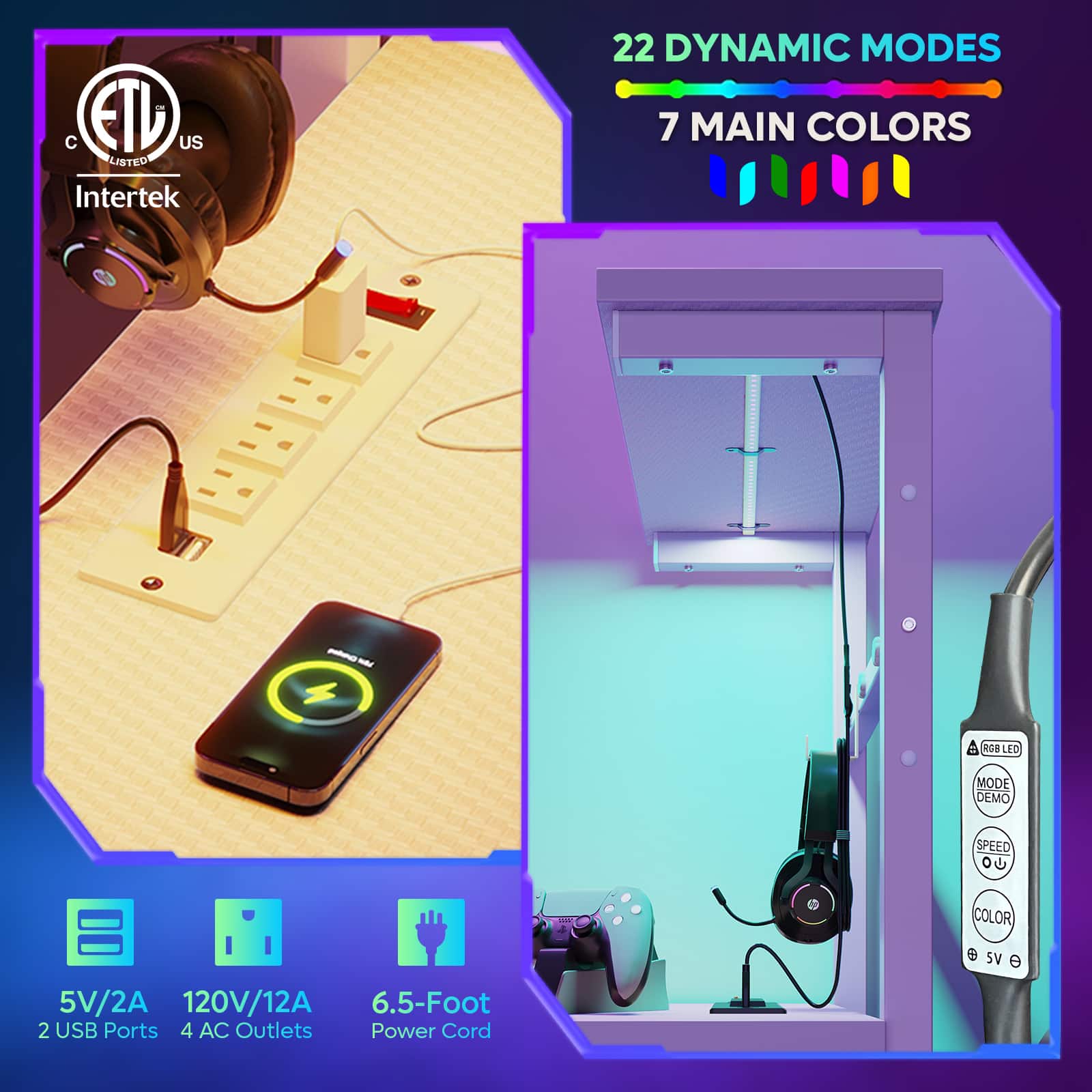 The text on the image reads: "22 Dynamic Modes 7 Main Colors - Intertek Listed - LED Mode Demo Speed - Color 5V/2A 120V/12A 6.5-Foot 2 USB Ports 4 AC Outlets Power Cord eSV."