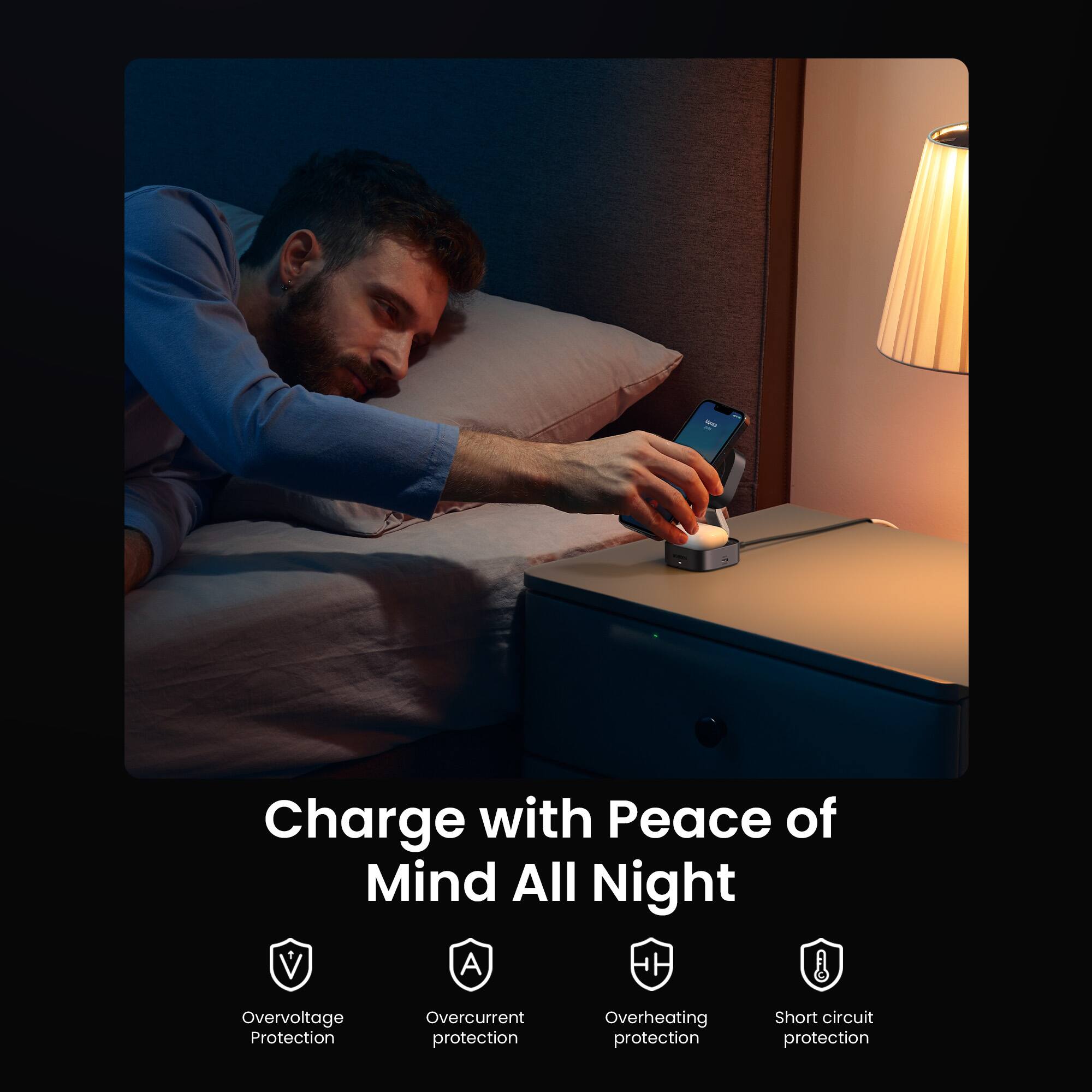 Charge with Peace of Mind All Night: Overvoltage Protection, Overcurrent Protection, Overheating Protection, Short Circuit Protection.