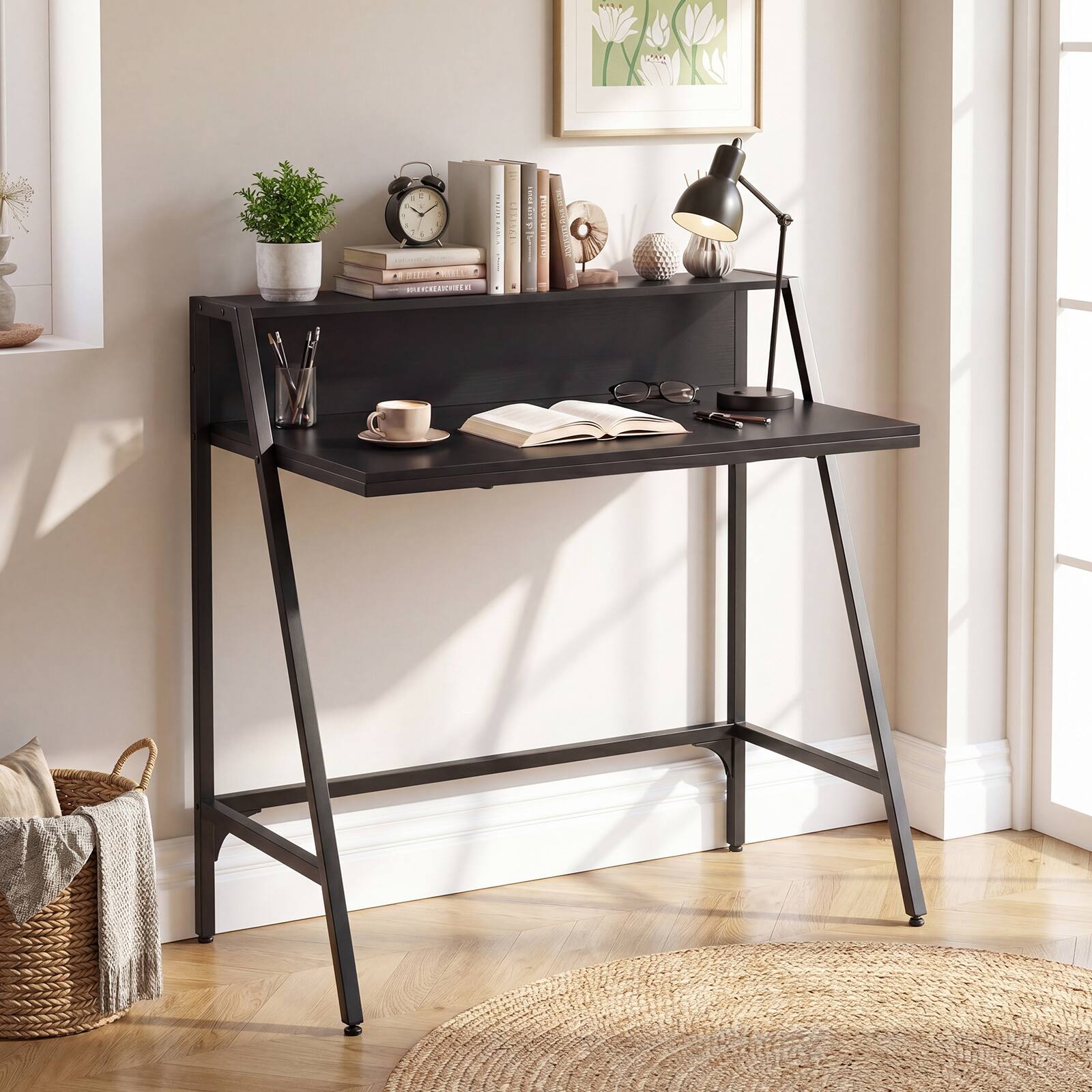 Alt View 3. Costway - Costway 31.5" Small Computer Desk with Raised Storage Shelf & Heavy-duty Metal Frame - Black.
