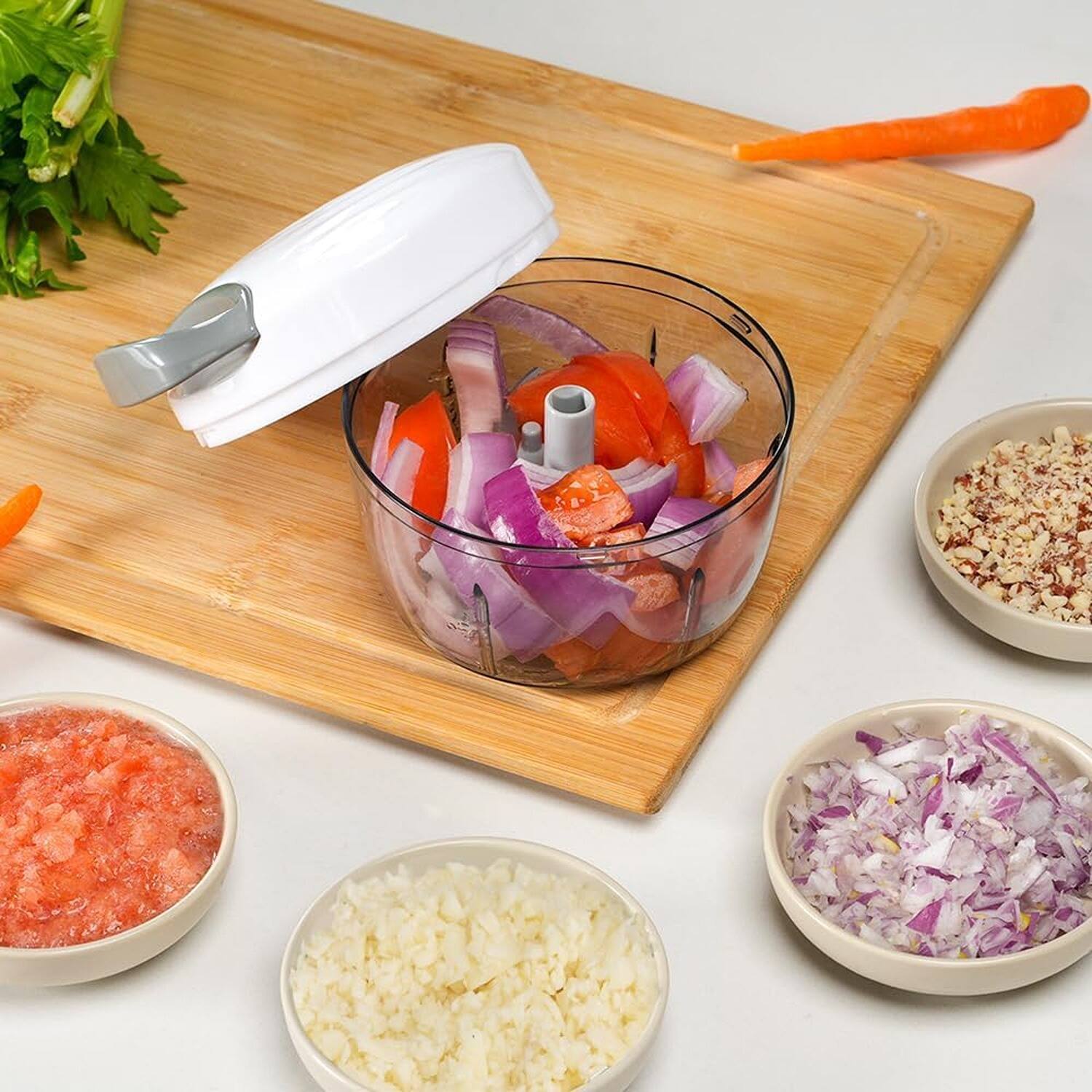 Left. PARKER SLATER - Manual Food Processor, 2.3-Cup Hand Pull Vegetable Chopper with 3 Stainless Blades for Onion, Garlic, More – White - White Grey.