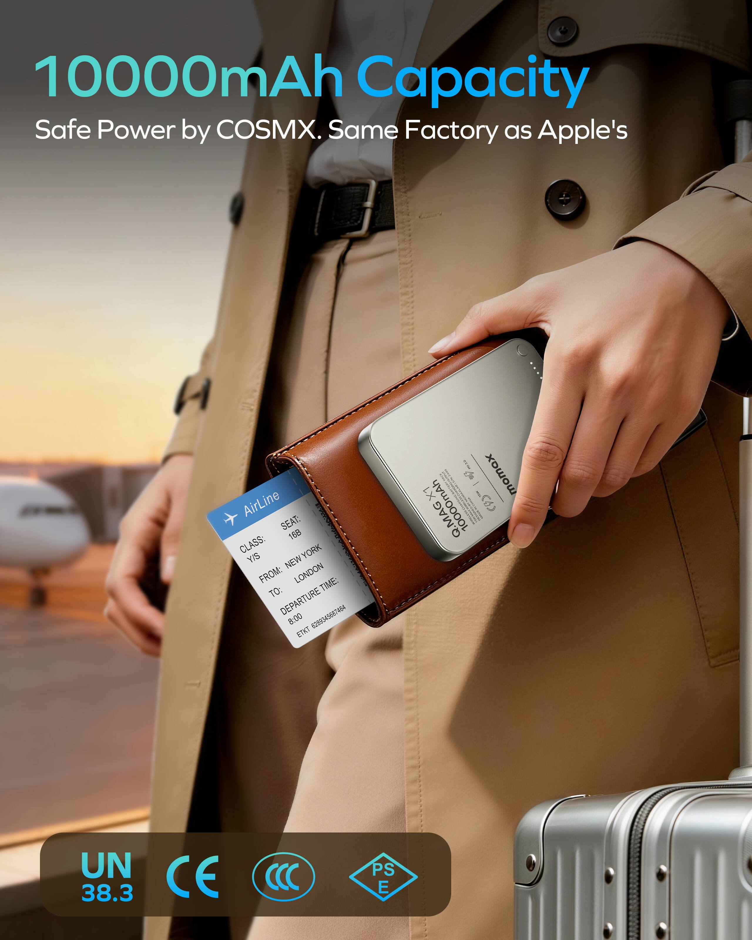 10000mAh Capacity  
Safe Power by COSMX. Same Factory as Apple's  

Airline  
SEAT: 168  
CLASS: YORK  
FROM: LONDON  
TO: NEW YORK  
DEPARTURE TIME: 8:00  

ETKT  
8289345687464  

momex  
10000mAh  

UN 38.3  
CE  
PS  
E