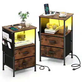 Gymax - End Table Set of 2 w/ Charging Station 2 Folding Fabric Drawers LED lights - Brown