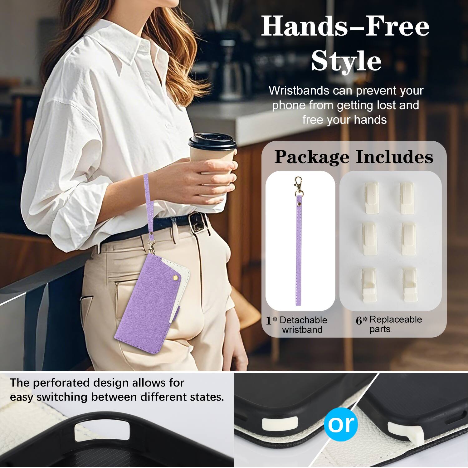 Hands-Free Style Wristbands can prevent your phone from getting lost and free your hands

Package Includes
1* Detachable wristband
6* Replaceable parts

The perforated design allows for easy switching between different states.