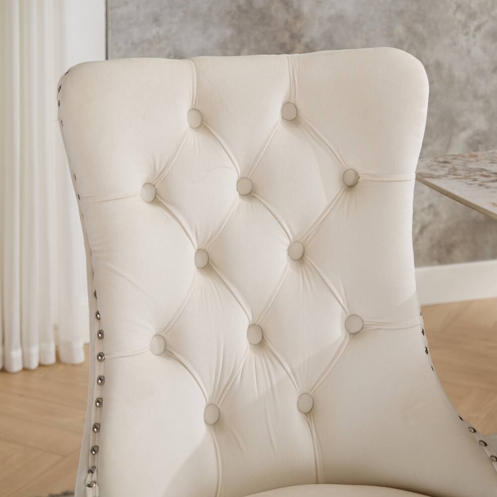 Alt View 3. Loheer - Loheer Velvet Dining Chairs Set of 2 Tufted Solid Wood Mid-Century Modern Upholstered Milky White - Milky White.
