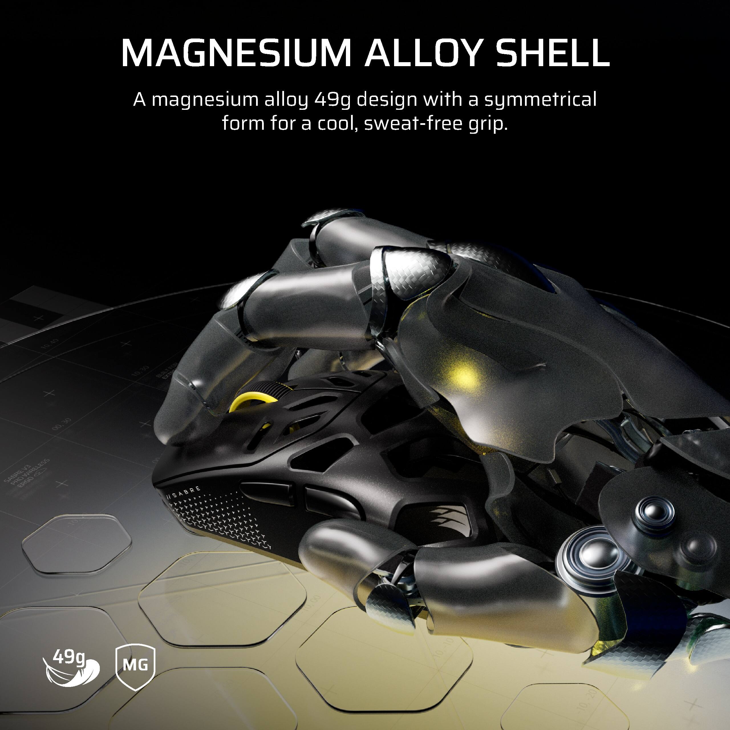 MAGNESIUM ALLOY SHELL  
A magnesium alloy 49g design with a symmetrical form for a cool, sweat-free grip.