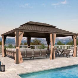 PURPLE LEAF - Outdoor Aluminum Hardtop Gazebo with Metal Double Roof with Netting and Curtains, Khaki Permanent Pavilion - 14' X 20'