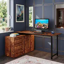WELLFOR - 54.5" L Shape Desk with File Cabinet and Power Outlet, Reversible Computer Desk For Home Office - Rustic Brown