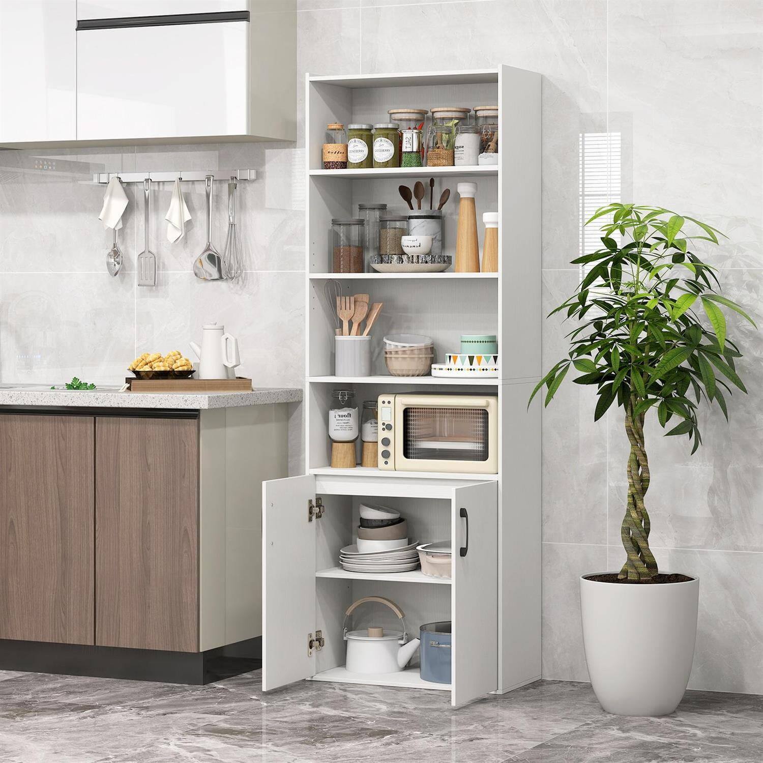 Left. Pefilos - 70-Inch 6-Tier Bookcase - Adjustable Shelves Anti-Tip, 2-Door Cabinet, Household Organizer, White - White.
