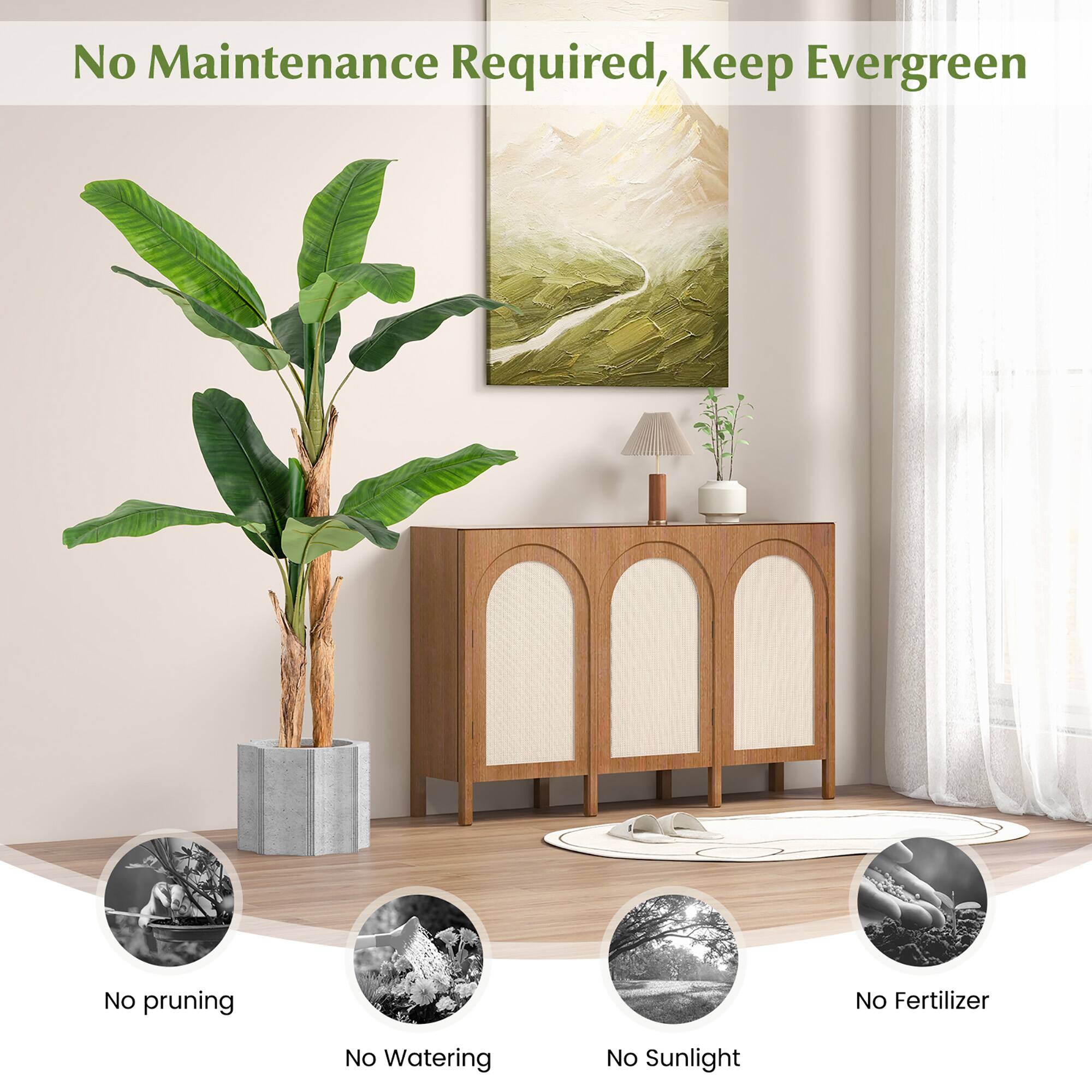 No Maintenance Required, Keep Evergreen

- No pruning
- No Watering
- No Sunlight
- No Fertilizer
