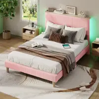Bestier - Twin Size Upholstered Platform Bed Frame with LED Lighting and Adjustable Storage Headboard for Bedroom - Pink - Front_Zoom