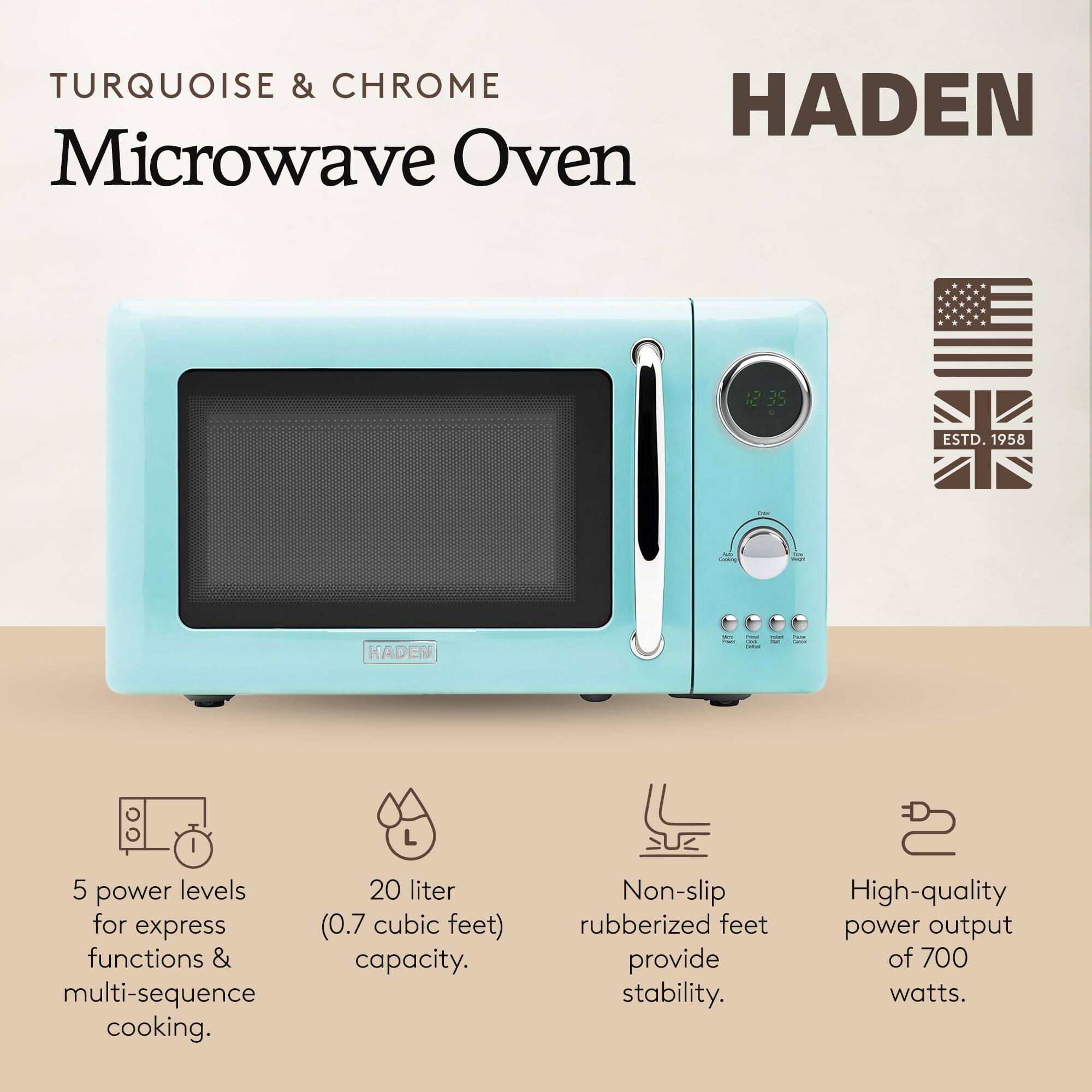 TURQUOISE & CHROME  
Microwave Oven  

HADEN  

ESTD. 1958  

5 power levels for express functions & multi-sequence cooking.  
20 liter (0.7 cubic feet) capacity.  
Non-slip rubberized feet provide stability.  
High-quality power output of 700 watts.