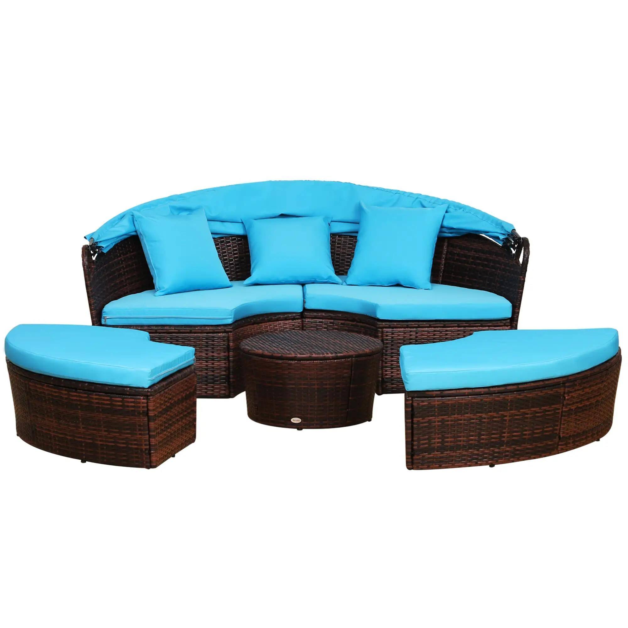 Angle. Resenkos - Resenkos 4-Piece Cushioned Outdoor Rattan Wicker Sunbed or Conversational Sofa Set, Blue - Blue.