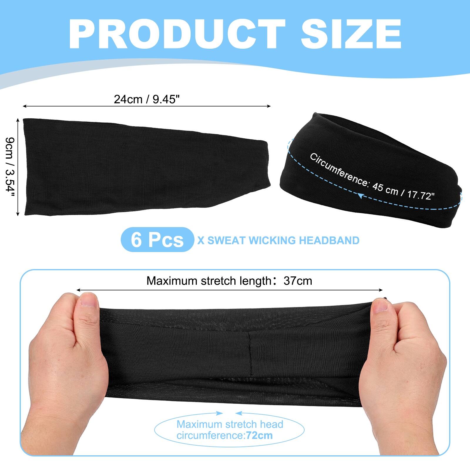 PRODUCT SIZE

24cm / 9.45"  
9cm / 3.54"  
Circumference: 45 cm / 17.72"  

6 Pcs X SWEAT WICKING HEADBAND  

Maximum stretch length: 37cm  
Maximum stretch head circumference: 72cm