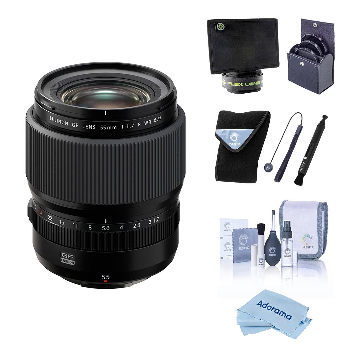 FLEX LENS  
FUJINON WR 077 GF LENS 1:1.7 R 55mm  
PRO OPTIC  
A 22 16 11 8 5.6 4 2.8 2 1.7  
GF FUJINON  
KEEPS  
PRO OPTIC  
55  
Adorama