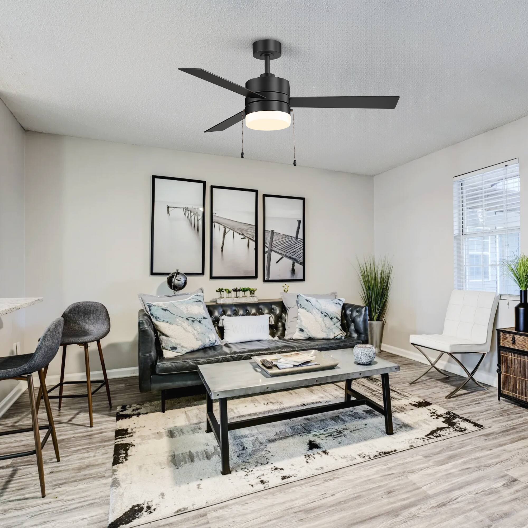 Alt View 1. Breezary - 52" Indoor Large Ceiling Fan with Led Light and Pull Chain, 3 Reversible Blades, 3-Speed AC Motor,  6" Downrod - Matte Black.