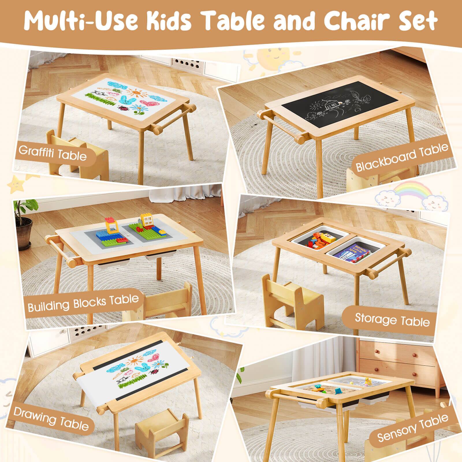 Multi-Use Kids Table and Chair Set:

1. Graffiti Table
2. Table Blackboard
3. Blocks Table
4. Building Storage Table
5. C Drawing Table
6. Sensory Table