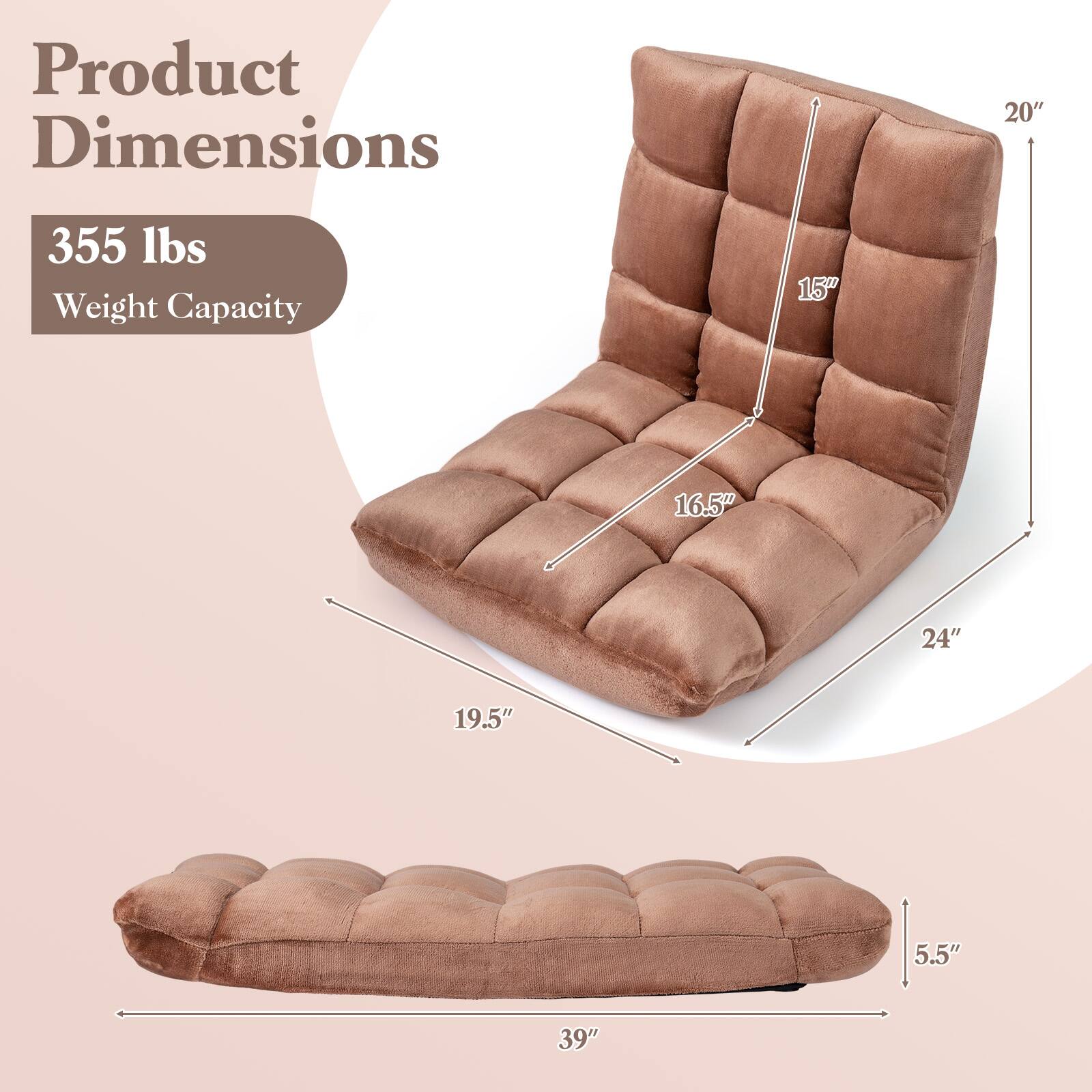 Product Dimensions:  
- Height: 20"  
- Depth: 19.5"  
- Width: 39"  
- Seat Height: 15"  
- Seat Depth: 16.5"  
- Armrest Height: 24"  
- Armrest Width: 5.5"  

Weight Capacity: 355 lbs