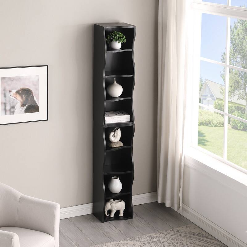 Front. HTUTWOO - 8-Tier Adjustable Bookshelf, Ultra-Thin Space-Saving Storage Shelf, Stable Display Shelf, for Bedroom, Living Room - Black.