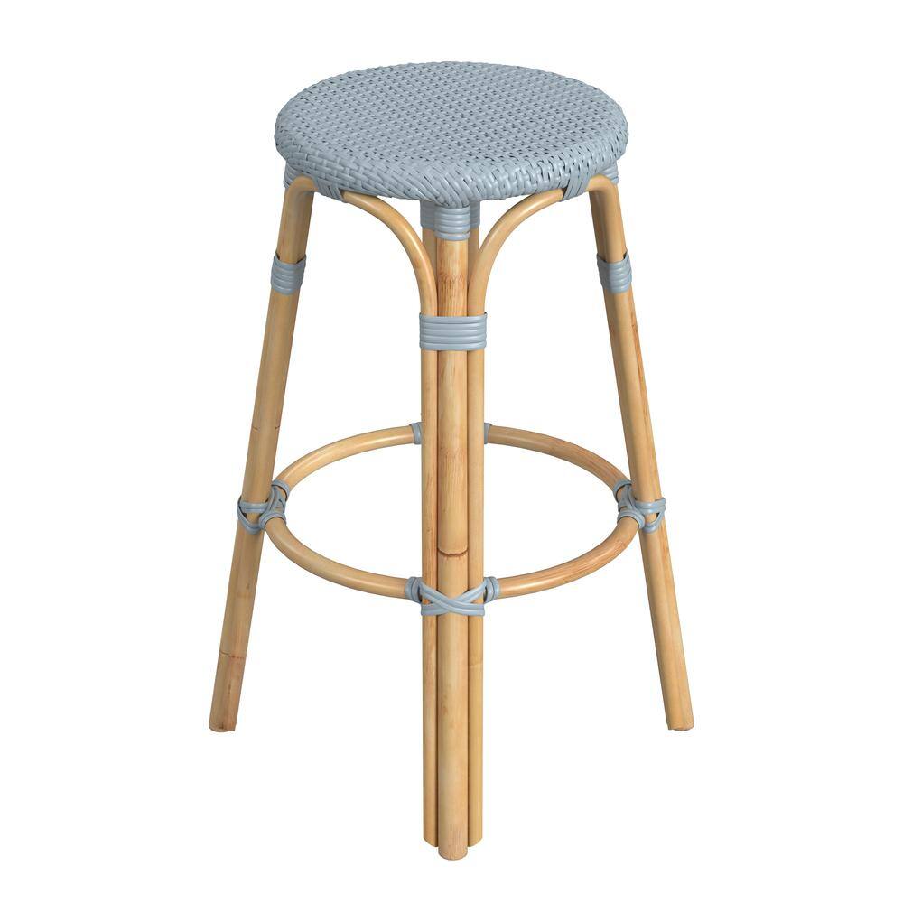 Back. Butler Specialty - Tobias Round Rattan 30" Bar Stool - Baby Blue.