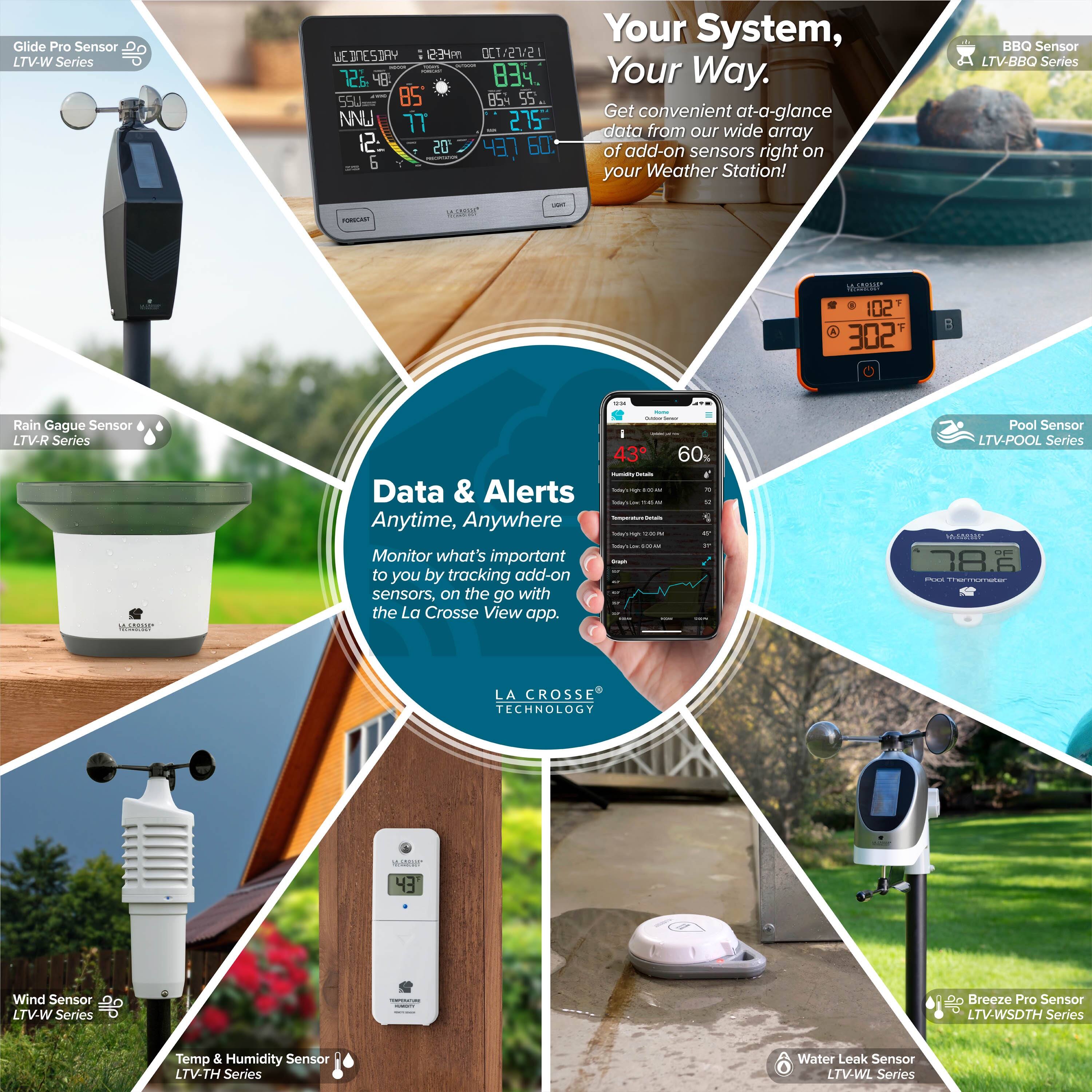 Glide Pro Sensor  
LTV-W Series  

Rain Gague Sensor  
LTV-R Series  

BBQ Sensor  
LTV-BBQ Series  

Pool Sensor  
LTV-POOL Series  

Wind Sensor  
LTV-W Series  

Temp & Humidity Sensor  
LTV-TH Series  

Water Leak Sensor  
LTV-WL Series  

Breeze Pro Sensor  
LTV-WSDTH Series  

Your System, Your Way.  
Get convenient at-a-glance data from our wide array of add-on sensors right on your Weather Station!  

Data & Alerts  
Anytime, Anywhere  
Monitor what's important to you by tracking add-on sensors, on the go with the La Crosse View app.  

LA CROSSE TECHNOLOGY