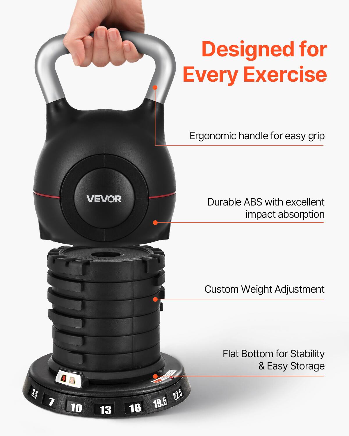 Designed for Every Exercise

- Ergonomic handle for easy grip
- Durable ABS with excellent impact absorption
- Custom Weight Adjustment
- Flat Bottom for Stability & Easy Storage

Weights: 3.5, 7, 10, 13, 16, 19.5, 22.5