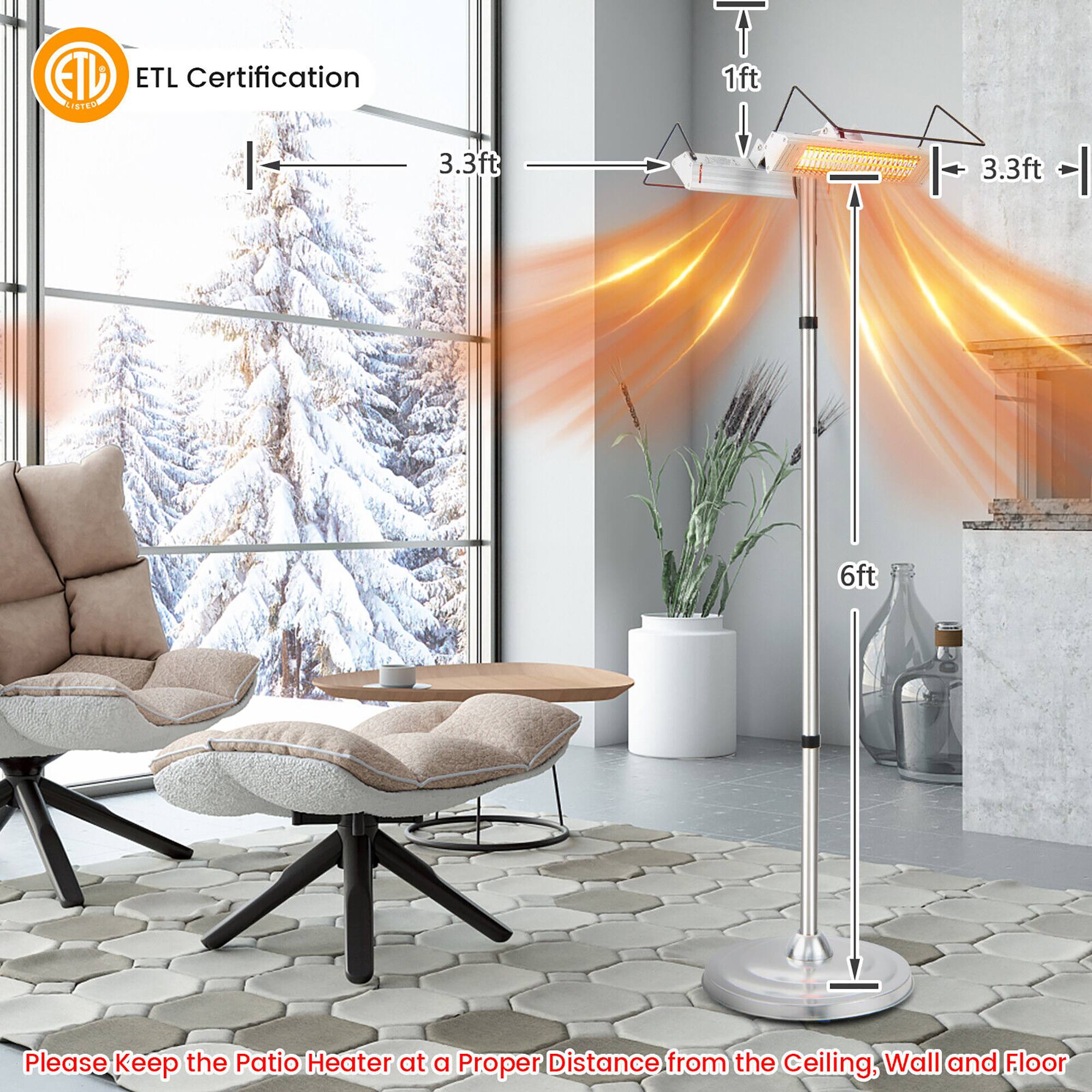 ETL Certification

Please Keep the Patio Heater at a Proper Distance from the Ceiling, Wall and Floor

- 3.3ft from the ceiling
- 1ft from the wall
- 3.3ft from the floor
- 6ft from the floor
