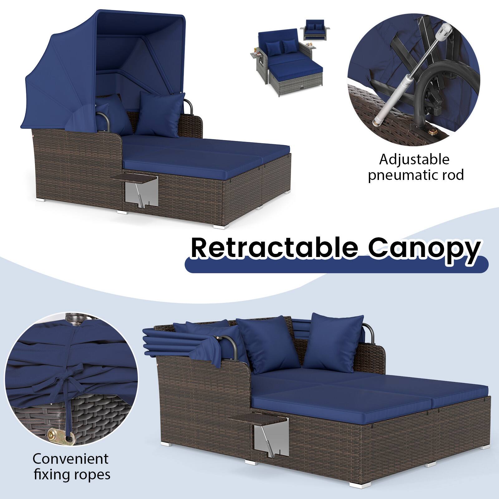 Adjustable pneumatic rod  
Retractable Canopy  
Convenient fixing ropes