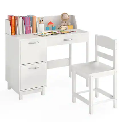 Front. Gymax - Gymax Kids Study Desk & Chair Set w/Chair 2 Storage Cabinets Drawer 4 Book Sorters - White.