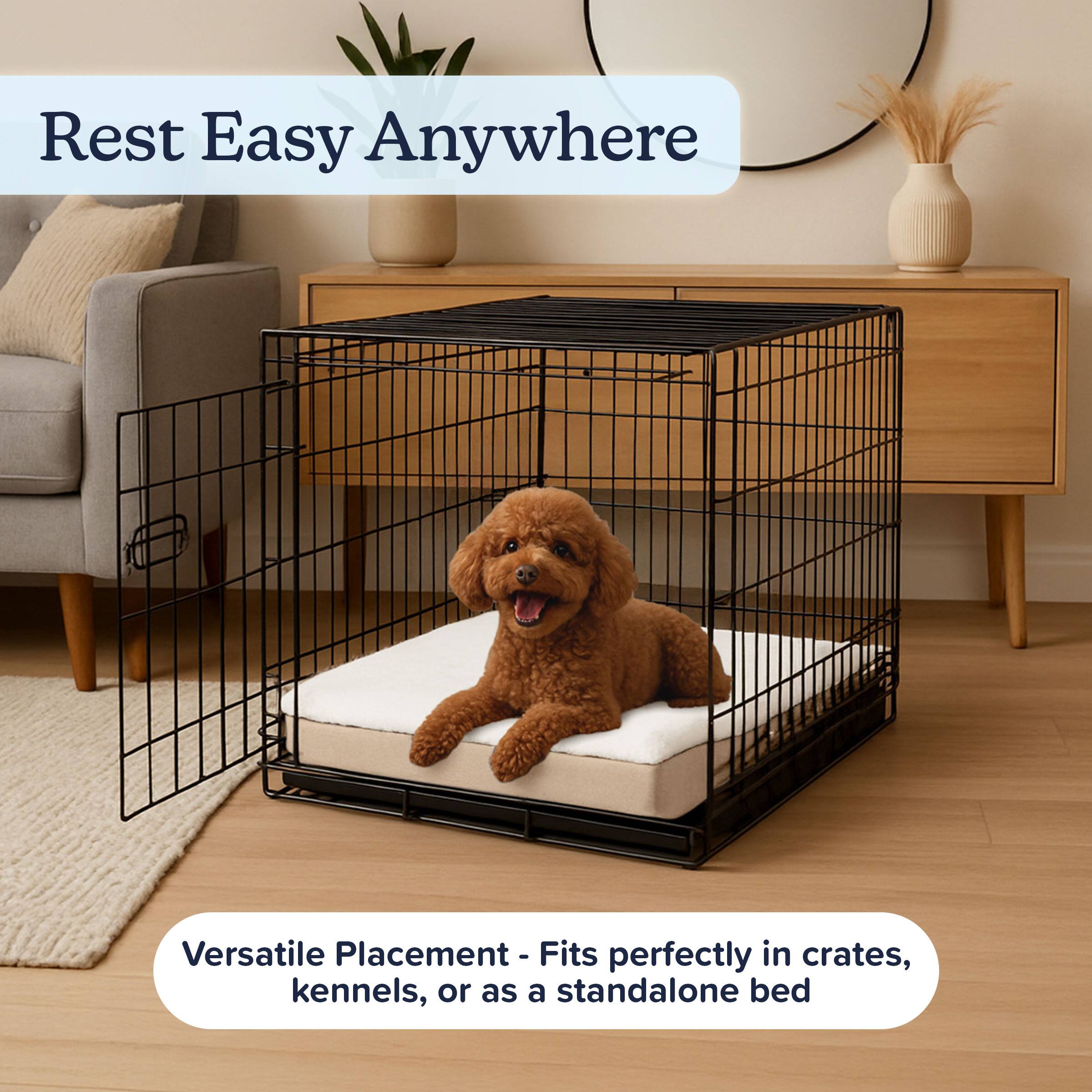 Rest Easy Anywhere

Versatile Placement - Fits perfectly in crates, kennels, or as a standalone bed