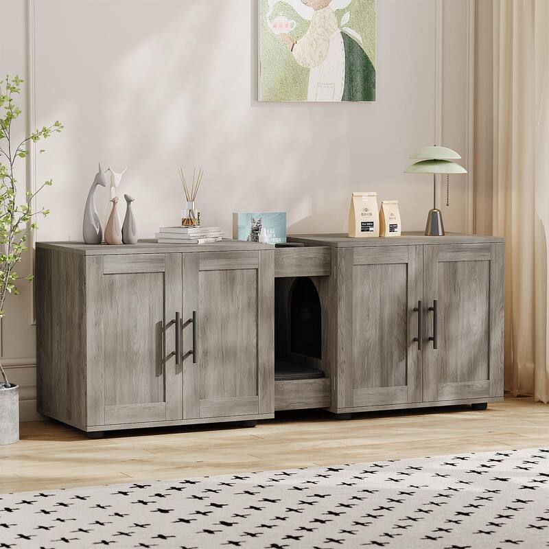 Angle. GARVEE - 55" Double Litter Box Enclosure Furniture for 2 Cats，TV Stand，Cabinet Buckles & Storage Grooves,Suitable for living room - Gray.