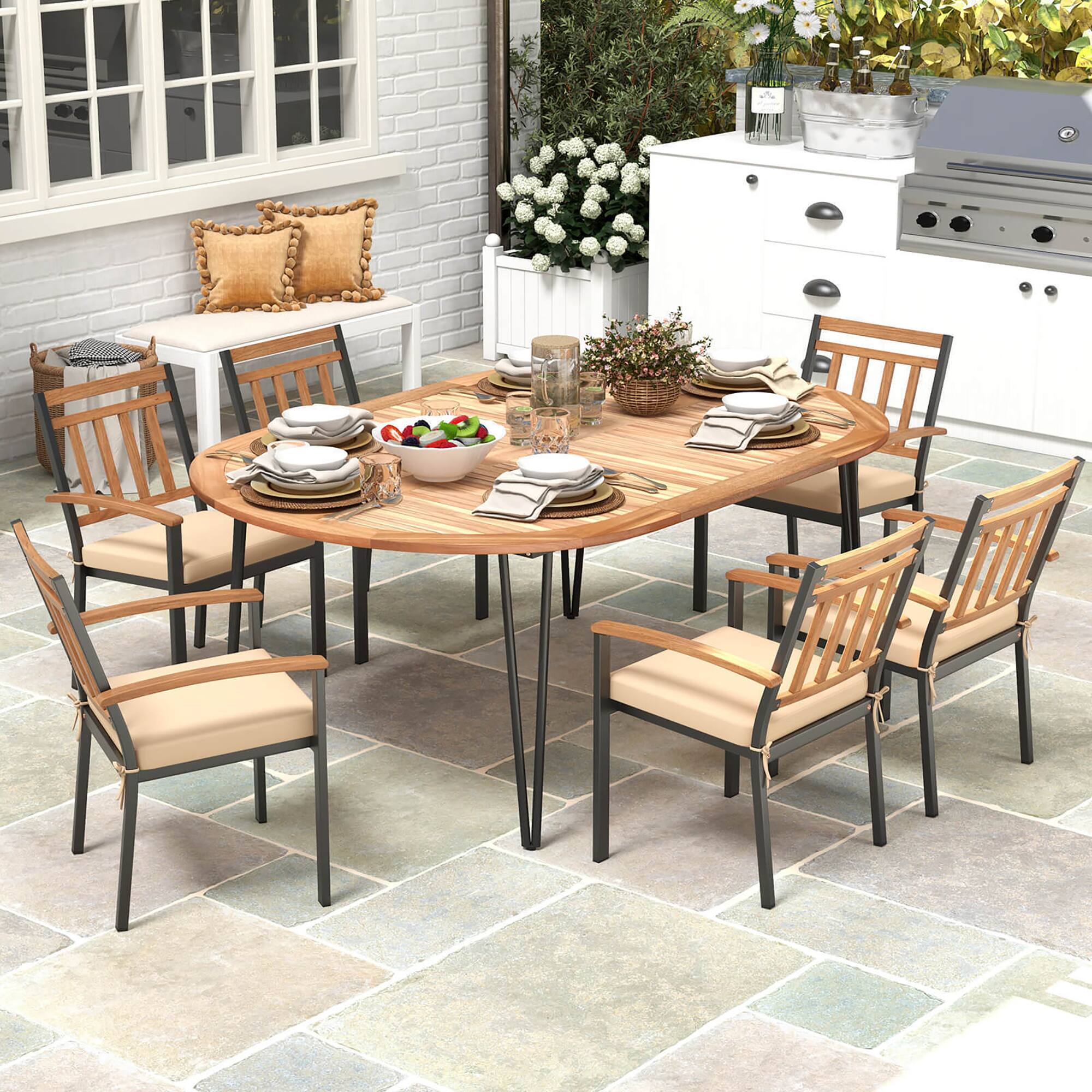 Alt View 1. Gymax - Gymax 79'' Patio Dining Table w/ Umbrella Hole Acacia Wood Tabletop & Sturdy Metal Legs - Natural, Black.
