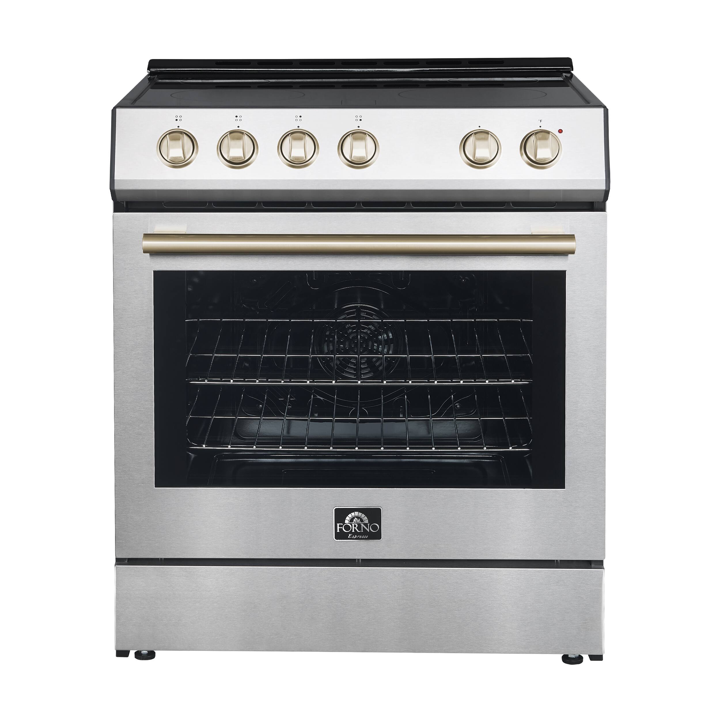 Forno Appliances - Leonardo Espresso 5.0 cu. ft. Slide-In Oven Electric Convection Range in Stainless-Steel with Antique Brass Accents - Stainless Steel