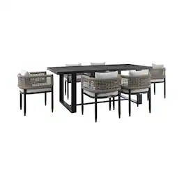 Armen Living - Alegria Outdoor Patio 7-Piece Dining Table Set in Aluminum with Gray Rope and Cushions - Light Gray