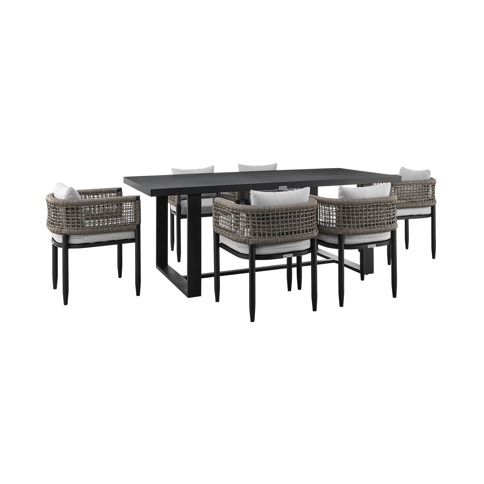 Armen Living - Alegria Outdoor Patio 7-Piece Dining Table Set in Aluminum with Gray Rope and Cushions - Light Gray