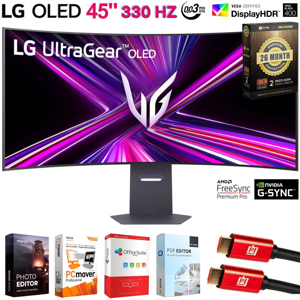 LG OLED 45" 330 HZ  
LG UltraGear OLED  
0.03 ms GTG  
VESA CERTIFIED  
DisplayHDR 400  
TRUE BLACK  
CPS + DECOGTAR  
26 MONTH PROTECTION  
2 HDMI CABLES  
LTE PLAN PREMIUM PROTECTION  
AMD FreeSync Premium Pro  
NVIDIA G-SYNC  
PHOTO EDITOR  
PCmover Professional  
OfficeSuite  
PDF EDITOR