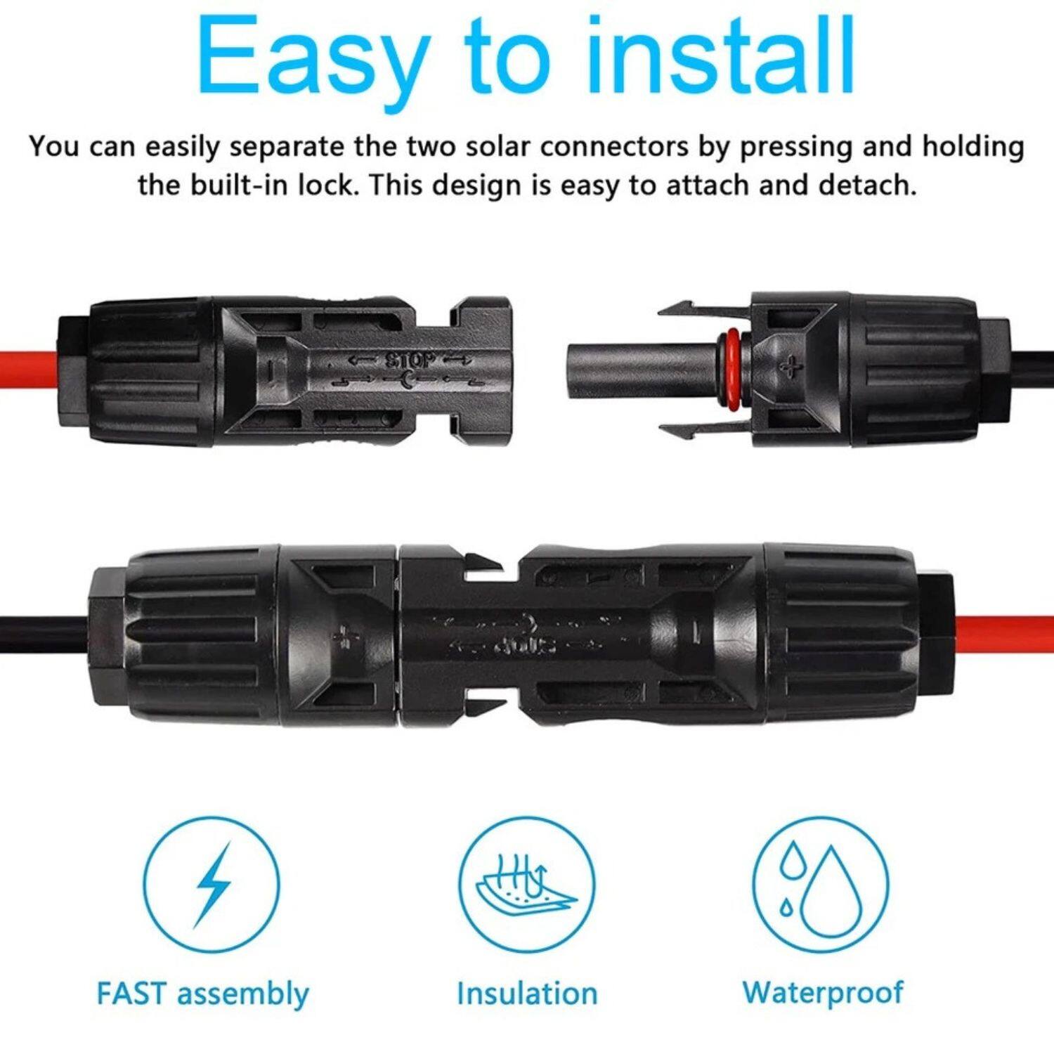 Easy to install

You can easily separate the two solar connectors by pressing and holding the built-in lock. This design is easy to attach and detach.

- FAST assembly
- Insulation
- Waterproof