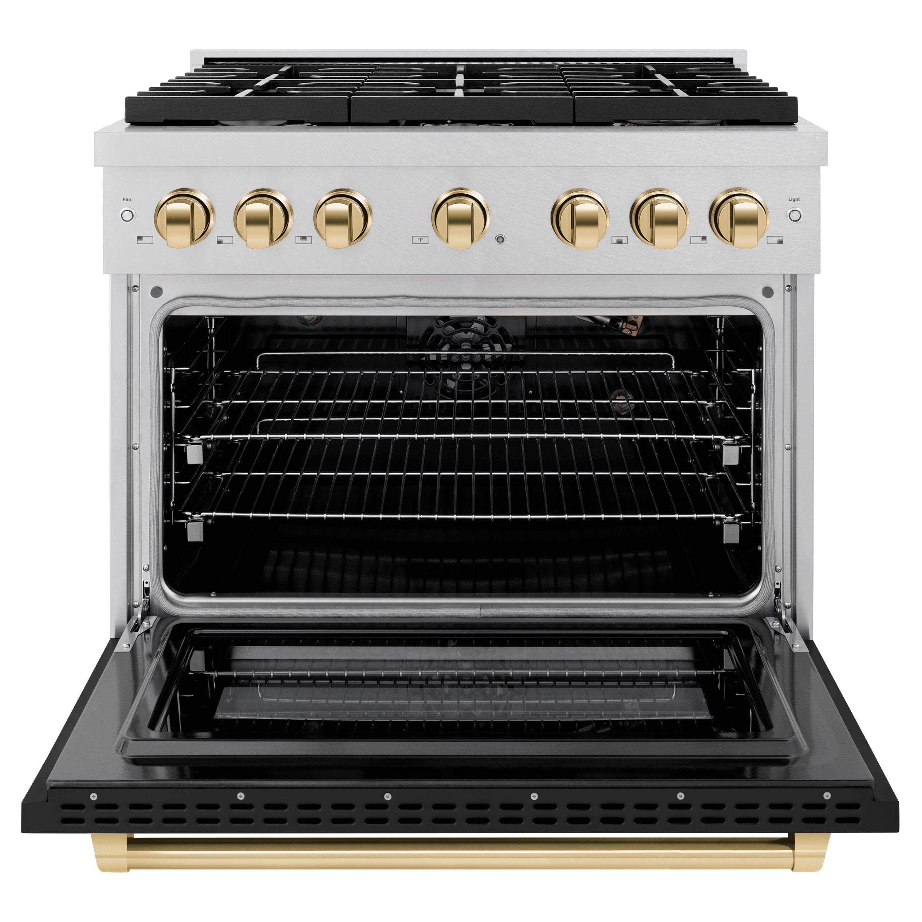 Angle. ZLINE - ZLINE Autograph 36 in. Paramount Satin Steel Gas Range with Gold Accents (SGRSZ-BLM-36-G) - White.