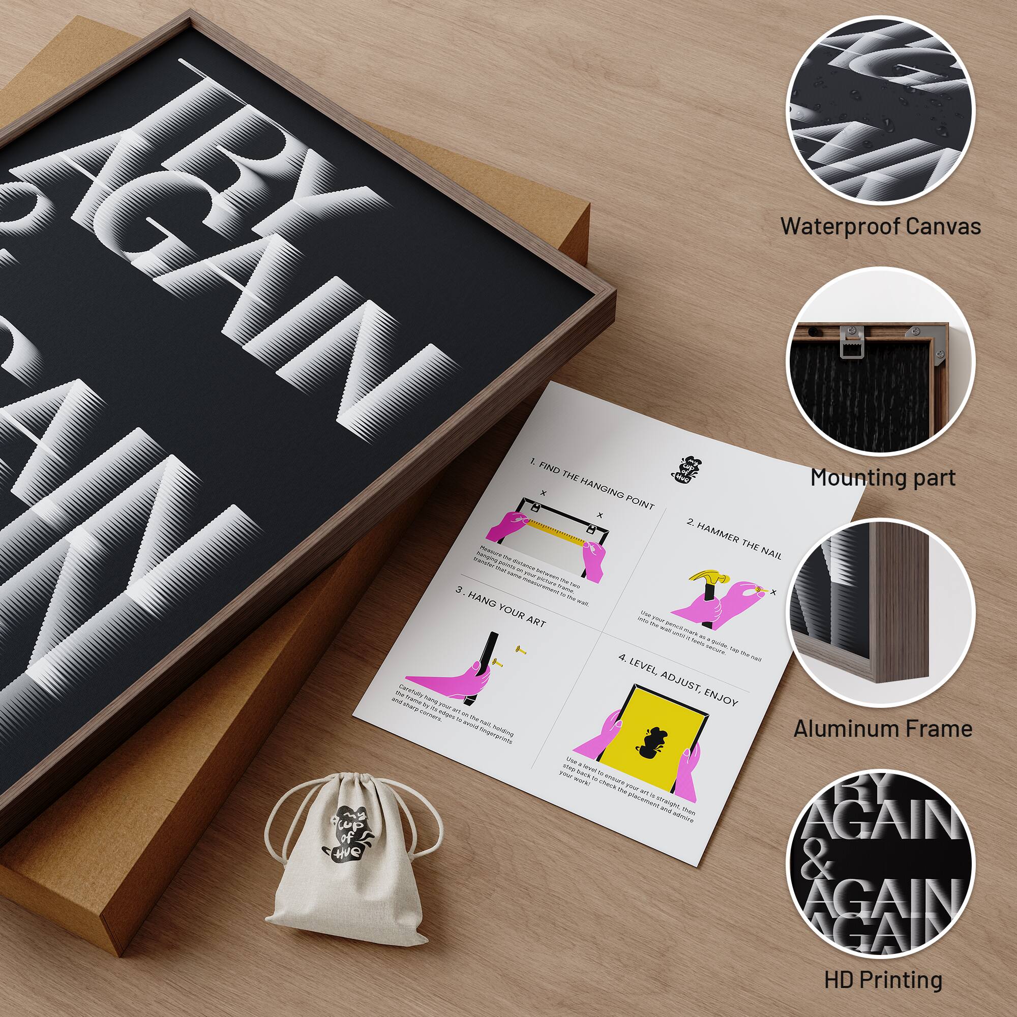 Waterproof Canvas  
1. FIND THE HANGING POINT  
2. HAMMER THE NAIL  
3. HANG YOUR ART  
4. LEVEL ADJUST, ENJOY  

Mounting part  
Aluminum Frame  
HD Printing