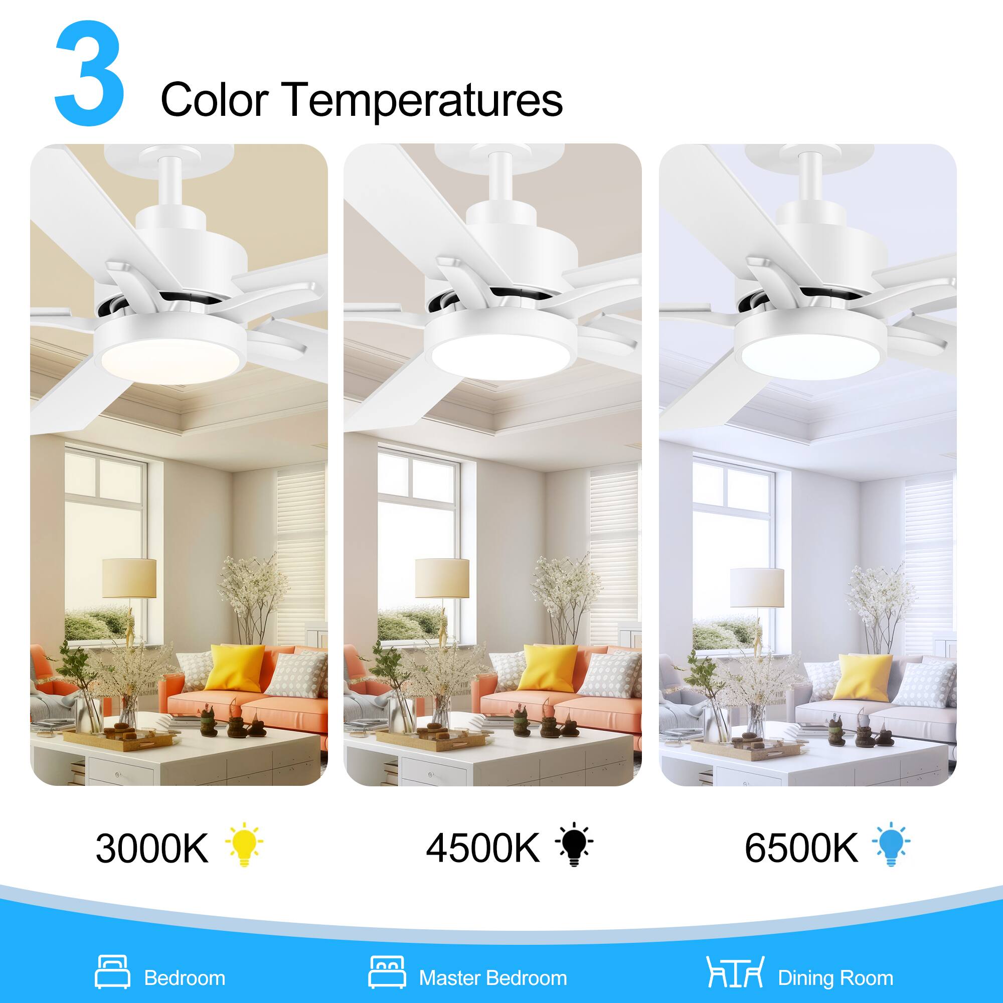 3 Color Temperatures

3000K  
4500K  
6500K  

Bedroom  
Master Bedroom  
Dining Room