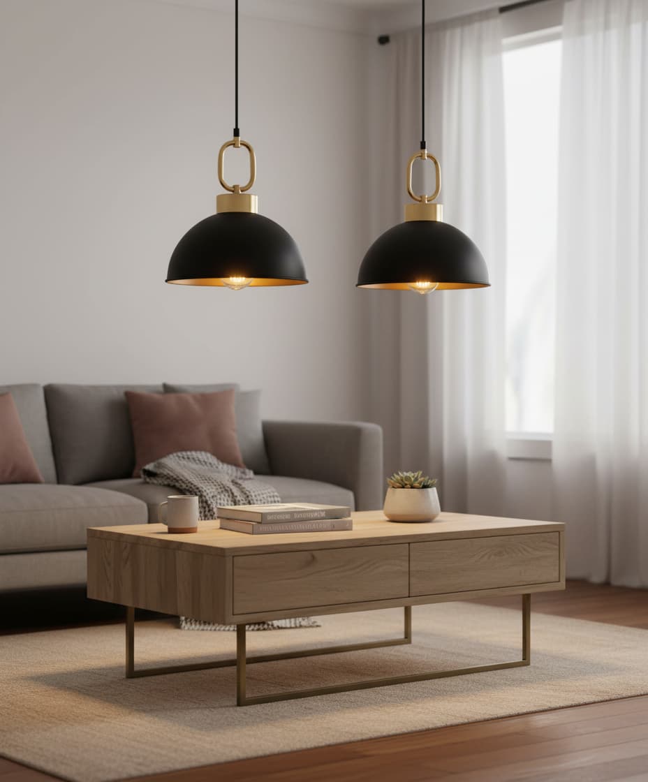 Alt View 3. FINEAK - 2-Pack 10.2" Farmhouse Pendant Lights - Matte Black with Gold Handle, Adjustable Height Industrial Hanging Fixtures.