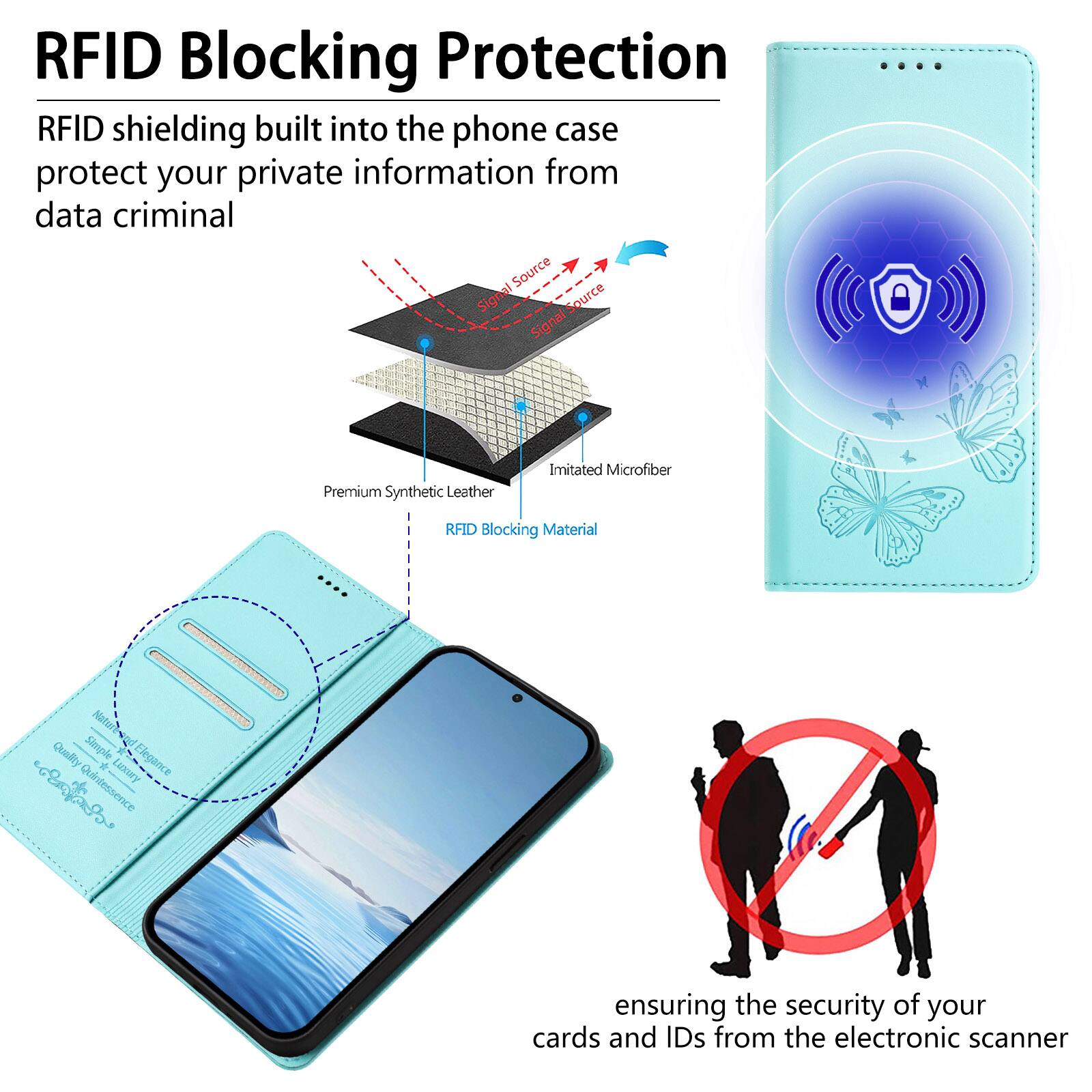RFID Blocking Protection

RFID shielding built into the phone case protect your private information from data criminal

Premium Synthetic Leather
Imitated Microfiber
RFID Blocking Material

ensuring the security of your cards and IDs from the electronic scanner