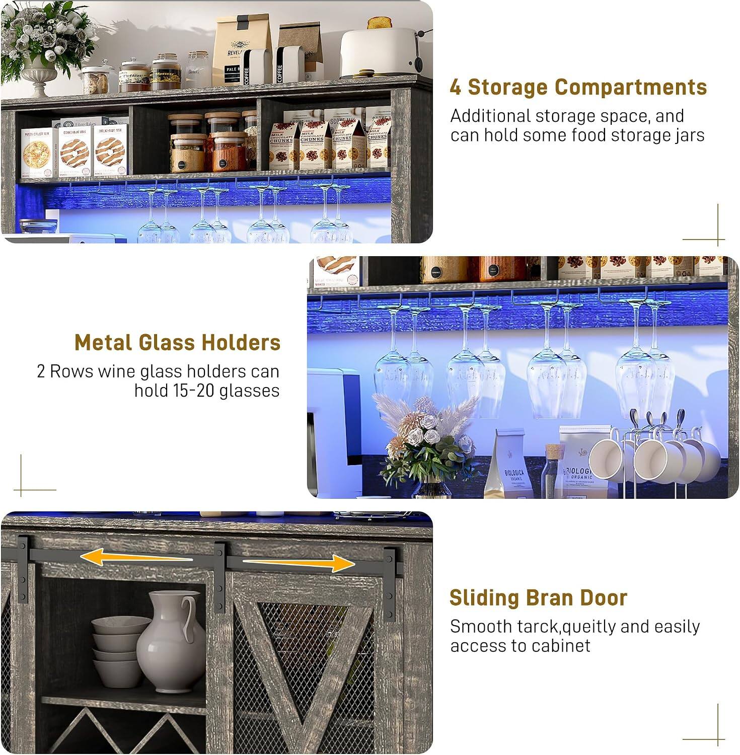 REVELA  
PALE  
4 Storage Compartments  
Additional storage space, and can hold some food storage jars  

Metal Glass Holders  
2 Rows wine glass holders can hold 15-20 glasses  

BIOLOGICA  
BIOLOG ORGANIC  
Sliding Bran Door  
Smooth track, quietly and easily access to cabinet