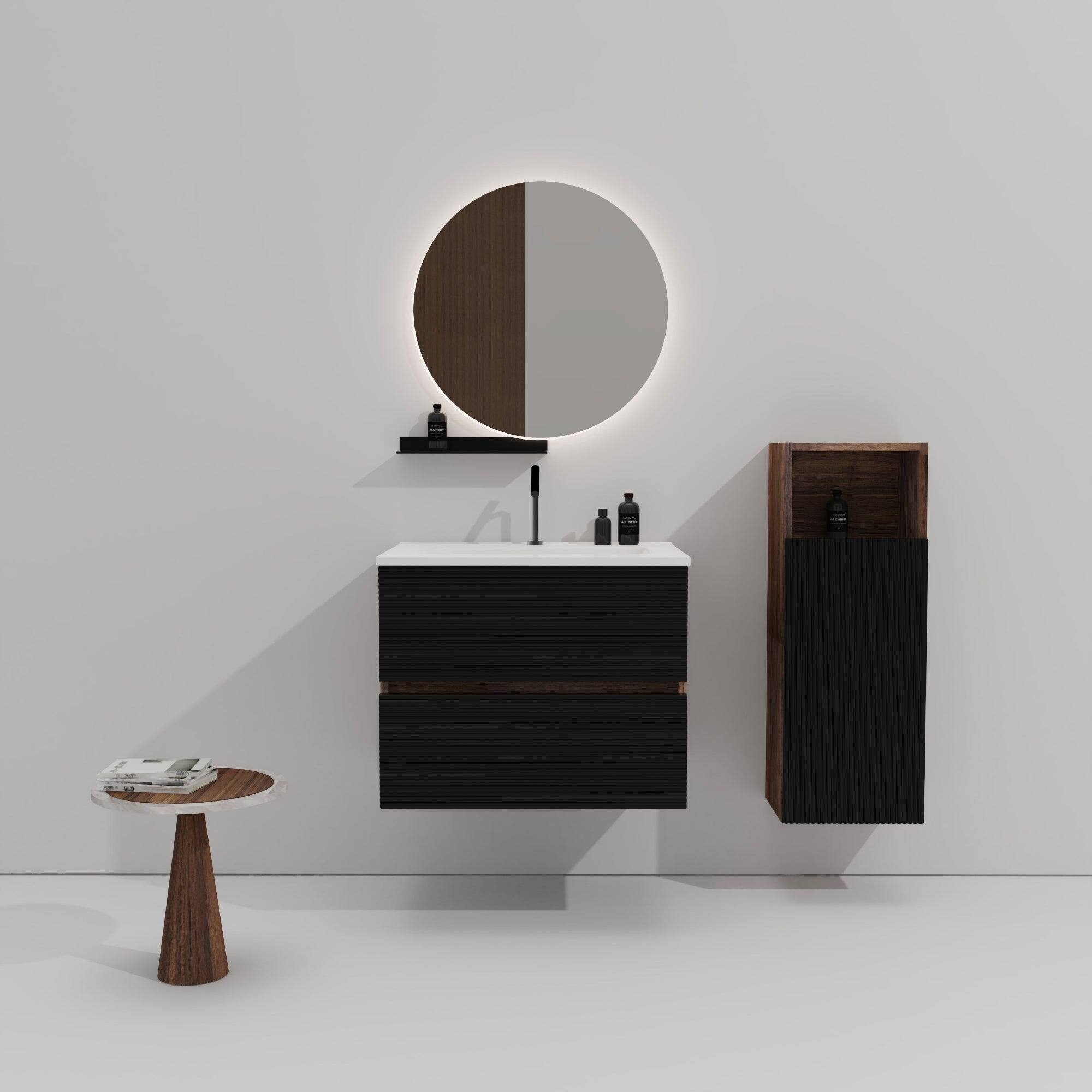 Alt View 2. Boyel Living - 24 Inch Wall Mounted Soft Black & Walnut Bathroom Vanity with Integrated Ceramic Sink / Large Storage, Pre-Assembled - Black+Brown.