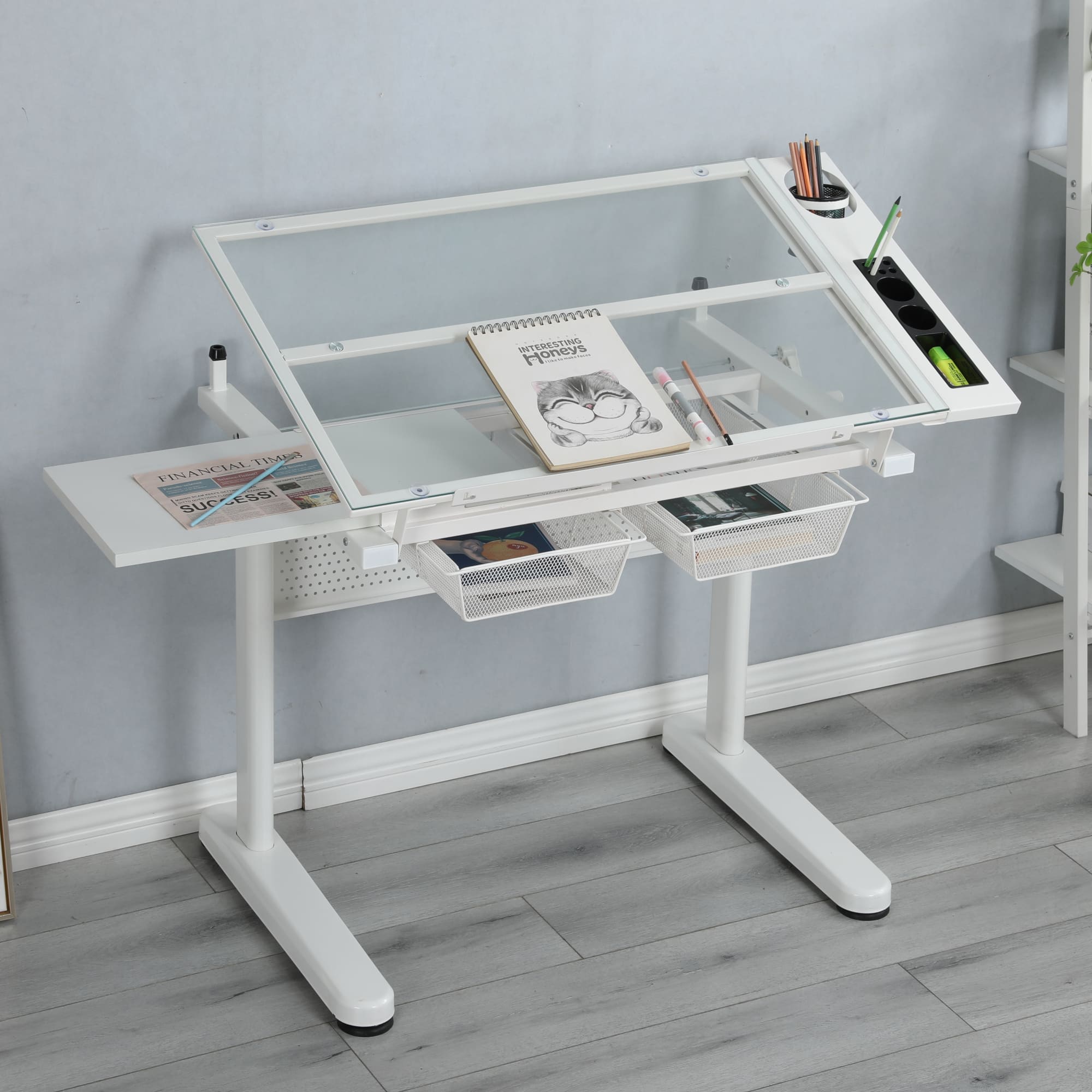 GOODSILO - Hand Crank Adjustable Drafting Table with Tilting Glass Top and Side Extension Panel for Artists and Designers - White